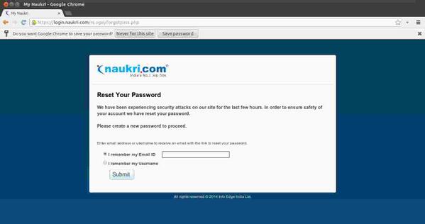 terminalfix's tweet photo. Looks like Naukri dotcom has had a breach, asking its users to change password: http://t.co/JjOpzDqauv