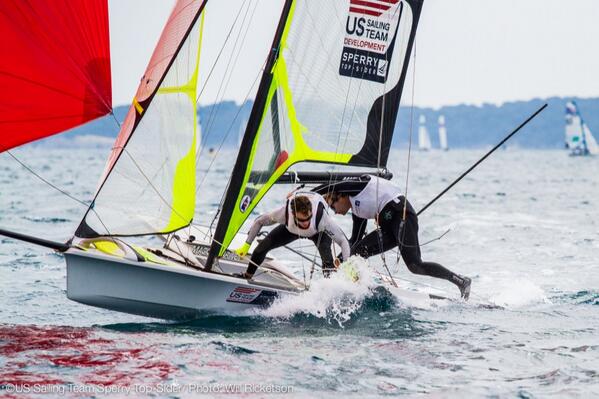 USSailingTeam's tweet photo. American @Int49er @BarrowsMorris ripping off a gybe during practice racing action in #Hyeres #2014SWC @FFVoileEvt http://t.co/8Kh3PAZljt