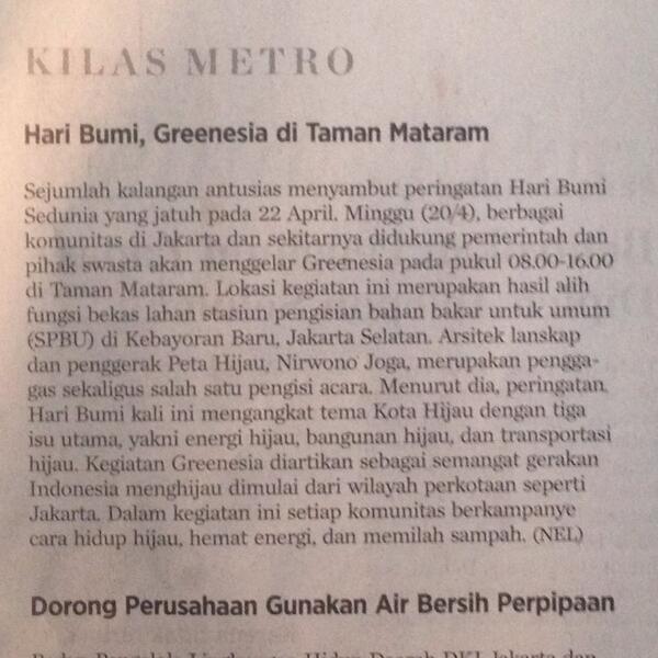 Yuk merayakan Hari Bumi di Taman Mataram Minggu 20/4/14 mulai jam 7-15. Ada tur taman, workshop, musik, dll...