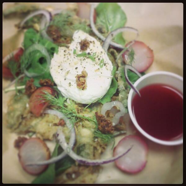 bigjuiceb's tweet photo. @RooftopBB brunch.  Tempura collard sheets, roast radish, garlic brittle, egg,beet swt n sour.  #georgiatheatre http://t.co/Z6mxLgLBlu