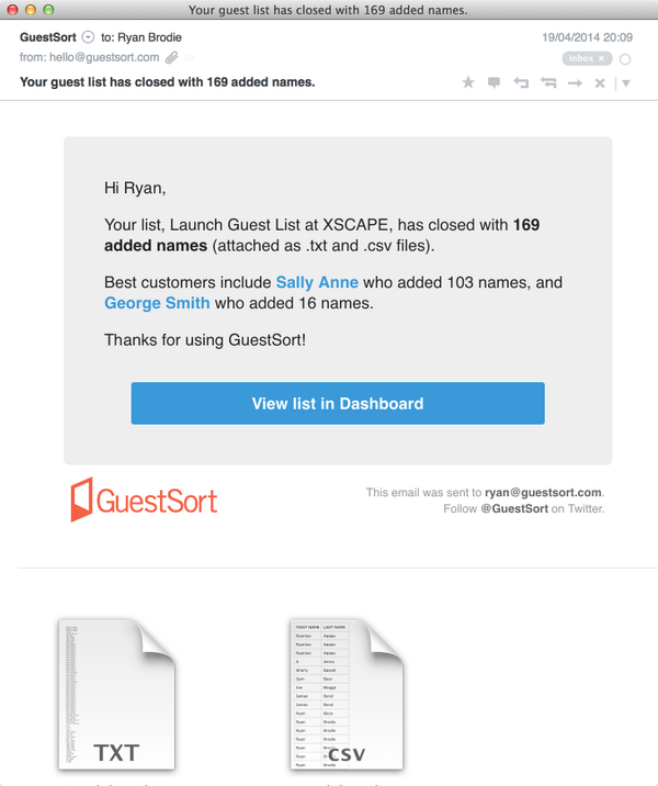 GuestSort's tweet image. Our list close email has had a Spring clean featuring list insights and names as text/csv attachments.

Happy Easter!
