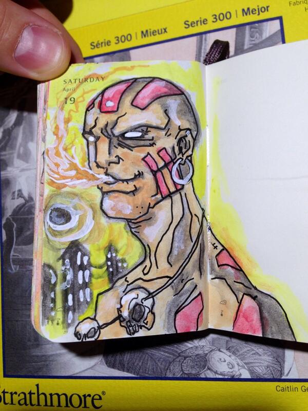 MEGAPOTATO_SHOW's tweet photo. Day109 #sketchaday in mini #art book. #dhalsim of #streetfighter nothing like a good fight. #watercolor #leadheavy http://t.co/M0DvSULte4