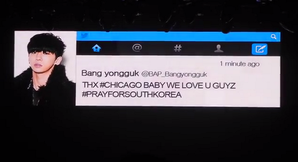 bysfansite's tweet photo. B.A.P gives a shout-out to the Sewol tragedy during their Chicago concert  

http://t.co/j6S1Wl50Qp http://t.co/CTjuZa7tjs