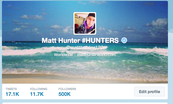 matthunter123's tweet photo. i crossed 500k twitter followers last week! #HUNTERPOWER is real. I love you all &amp; lets get it to 1,000,000! pls RT! http://t.co/9vxcZehocS