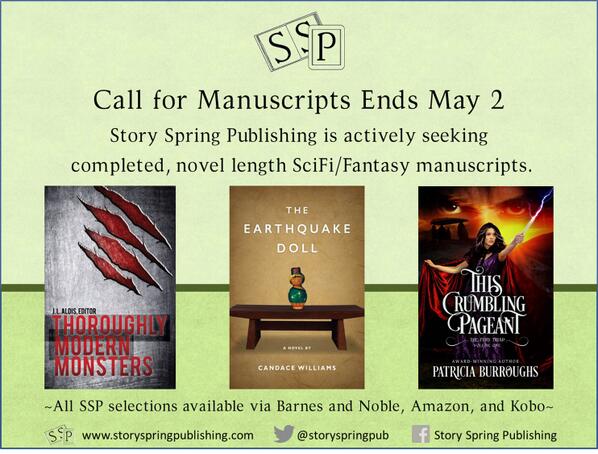StorySpringPub's tweet photo. Two weeks left to send us your completed science fiction/fantasy manuscripts!

http://t.co/jg8oexKDjp http://t.co/UDpdFW0InK