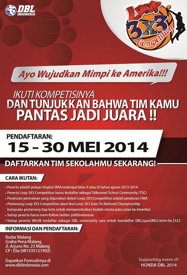 eventmalang's tweet photo. Pgn ke AMERIKA? Ikuti Loop 3x3 Challenge di #HondaDBL2014 #EastJavaSeriesSouthRegion @dblindonesia @dbl_malang http://t.co/8Z7nIIAbpU