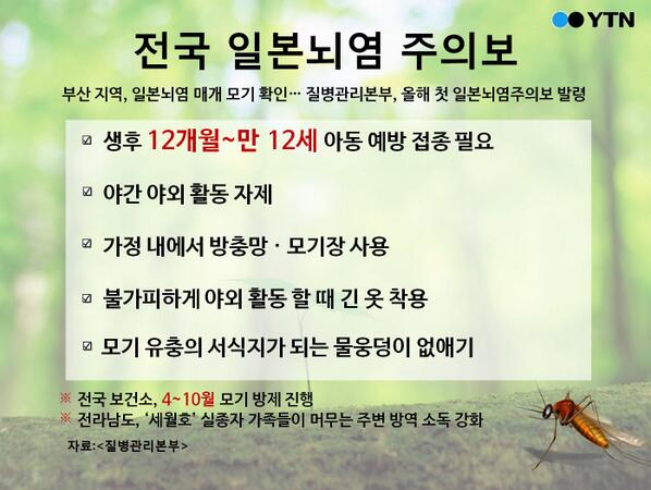 올해 처음으로 일본뇌염 모기가 부산 지역에서 발견돼 전국에 주의보가 발령됐습니다. 물린 사람의 약 95%는 증상이 없거나 열이 나는 정도지만 드물게 뇌염으로 이어지는 경우도 있는 만큼 주의해야 합니다.