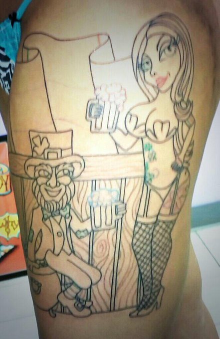 Starting my #IrishTattoo. #leprechaun drinking a beer with an #irishpinup. #sexy #kissmeimirish #love