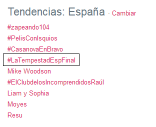 UtopiaRomoESP's tweet photo. Ya estamos en 4ª posición #LaTempestadEspFinal Bravo, las mejores http://t.co/lq2wPiJQfe