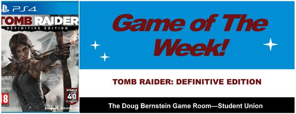 UconnDBGameRoom's tweet photo. The Game of the Week is...Tomb Raider: Definitive Edition!  Come play the hottest, new games every week #TombRaider http://t.co/6e1XVRl78P