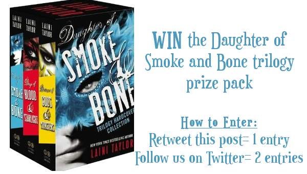 WikiaYABooks's tweet photo. WIN the Daughter of Smoke and Bone TRILOGY by retweeting or following us! #yalit #contest 1 winner per day this week! http://t.co/Jz766PgV81
