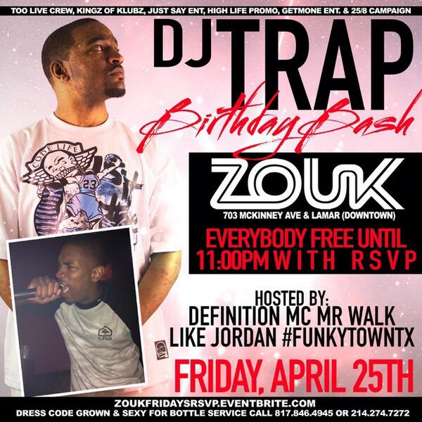 JUSTSAYENT's tweet photo. So it's @GODJTrap birthday and we turning up this friday at #ZoukFridays hosted by @MRWALKLKEJORDAN #justsayent http://t.co/jmY3DjsmbH