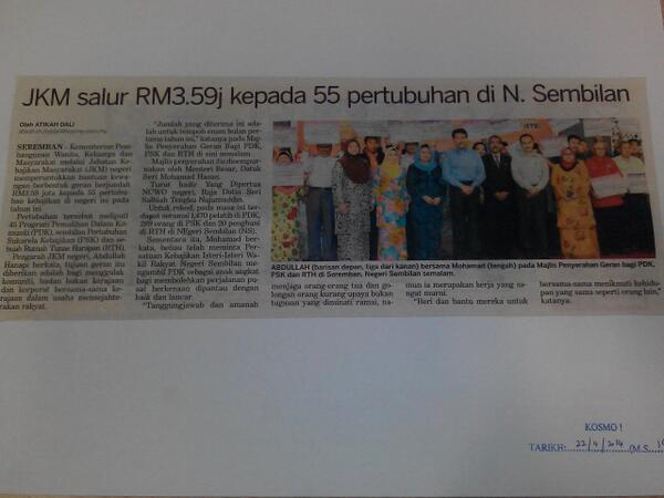 jkmhq's tweet photo. KOSMO 22/4/2014 - JKM salur RM3.59j kpd 55 prtubuhan di N.Sembilan @KPWKM @hjhrohanikarim @NoorulAinur @NoraniJKM http://t.co/GDoEokXKGN