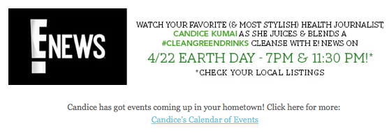 CandiceKumai's tweet photo. #CleanGreenDrinks makes its debut on @ENews Tues 4/22: 7pm/11:30pm. Get bikini ready for summer #CleanGreenCleanse! http://t.co/AsJMQcRHON