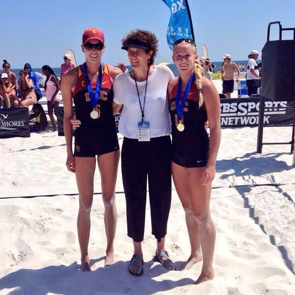 USC_Athletics's tweet photo. They did it! Senior @KirbyBurnham &amp; freshman Sara Hughes capture the 2014 AVCA Pairs National Title! #repeat #fighton http://t.co/R5vQCO3jpK