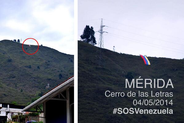 SOSUniVE1's tweet photo. Jóvenes despliegan Bandera de Venezuela en Cerro de las Letras. Mérida, 4 de mayo #SOSVenezuela http://t.co/YqFVyt3SSl