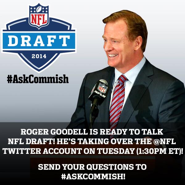NFL's tweet image. .@nflcommish is taking over @nfl on Tuesday (1:30pm ET)!

He's ready to talk #NFLDraft with YOU! #AskCommish