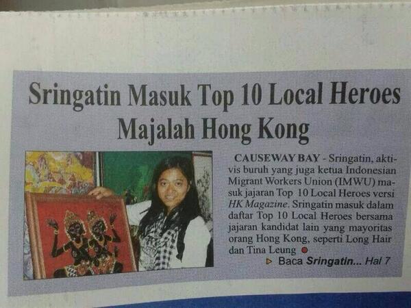 TiaraWenny's tweet photo. SALUD&amp;BANGGA @sringhk ketua @IMWUHK msk Top10 Local Hero majalah Hk @luluh8 @feranuraini @jalaprt  @infoburuhmigran http://t.co/LE0tQJexkf