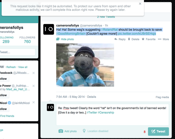 cameronsfollys's tweet photo. After one tweet! The system bans the word *rat* #Twitter #Censorship http://t.co/iAQB7sETo7