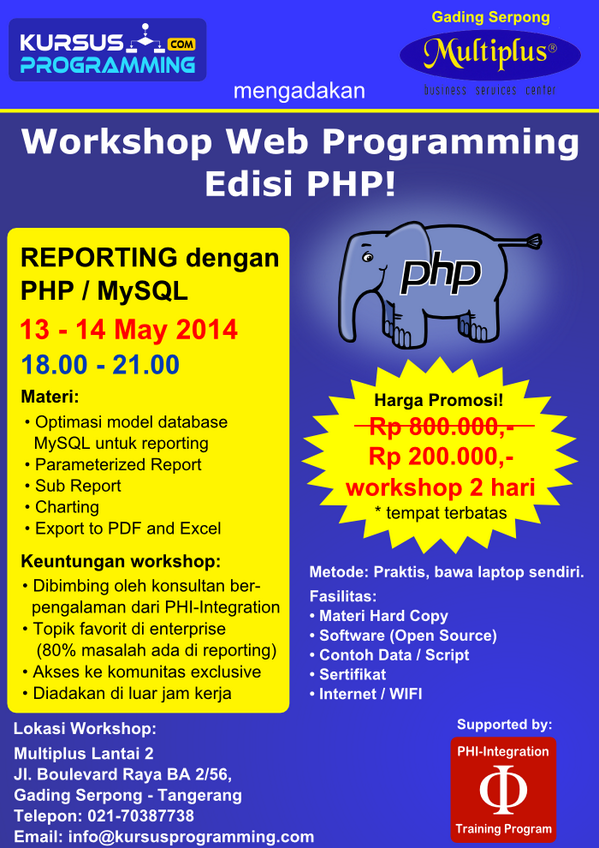 BelajarExcel's tweet photo. Workshop 2 Hari - REPORTING dengan PHP/MySQL https://t.co/fQohP6EYfM …. Semoga bermanfaat. http://t.co/mwihjiOBCi