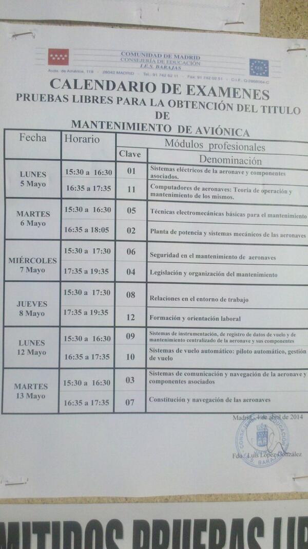 IES_Barajas's tweet photo. Aqui os dejamos el calendario d pruebas libres de Cfgs Aeromecanica y Avionica http://t.co/zjFXfxRvaB