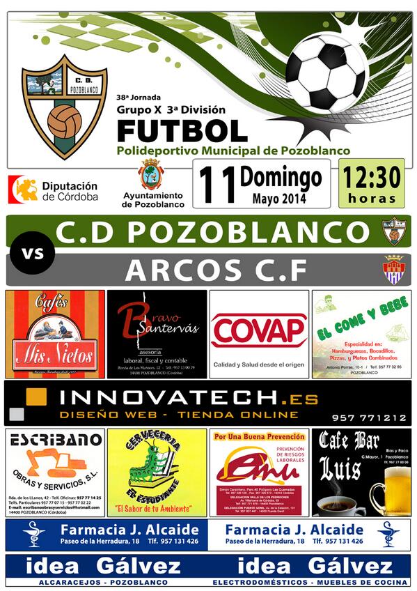 innovatechsc's tweet photo. Próximo Partido: @ClubDPozoblanco - Arcos C.F. Domingo 11 de Mayo, a las 12:30 h. #sisepuede #todosalmunicipal http://t.co/yNQ79rwjp1