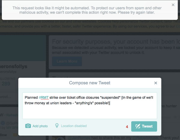 cameronsfollys's tweet photo. Oh look! Another tweet, #twitter #censored! #RMT #TubeStrikes http://t.co/H8B9Cw1MyK