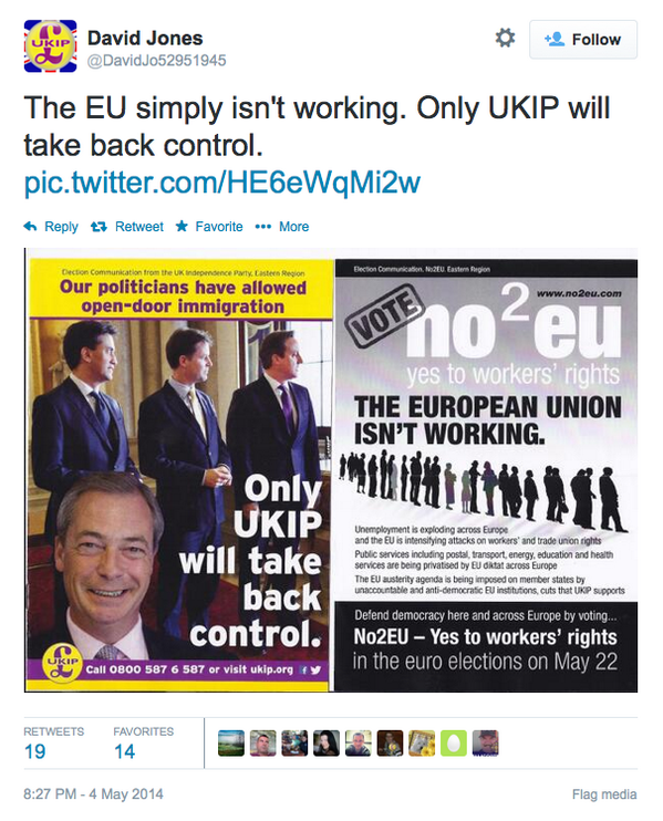 cameronsfollys's tweet photo. Strange! The #EU seems to be doing a fine job funding #UKIP and paying for this http://t.co/ep37IBebFE