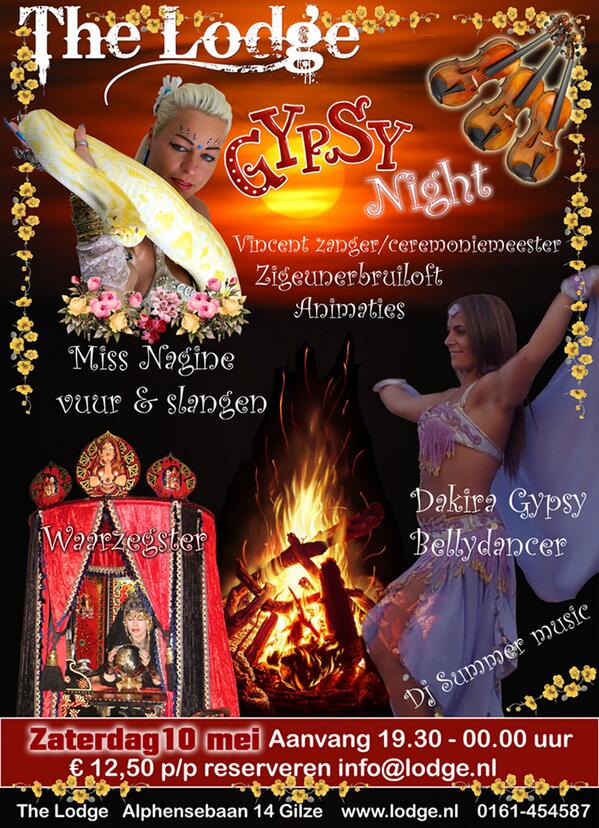 Aanstaande zaterdag 10 mei Gipsy Night <a href="/LodgeGilze/">The Lodge</a> Spectaculaire shows en muziek. Entree €12,50 info@lodge.nl