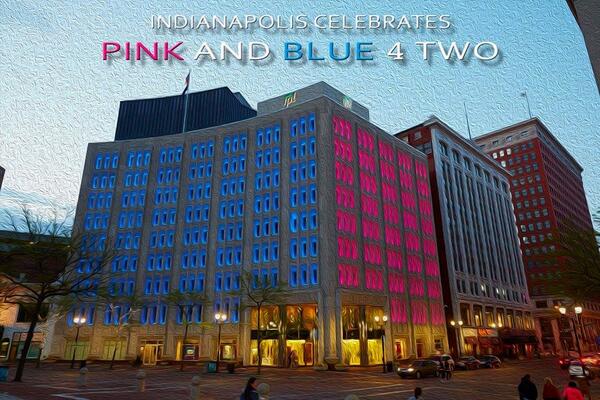 PinkandBluefor2's tweet photo. Big thanks to the city of Indianapolis for lighting up this building in our colors! @PinkandBluefor2 http://t.co/lDZk8NXHAf