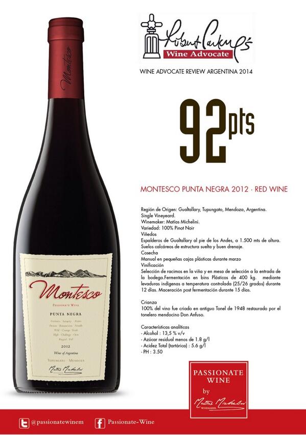 Montesco Punta Negra 2012 · 92 pts en Wine Advocate Review ·  #RobertParker cc <a href="/micheliniwine/">Matias Michelini</a> #PassionateWine