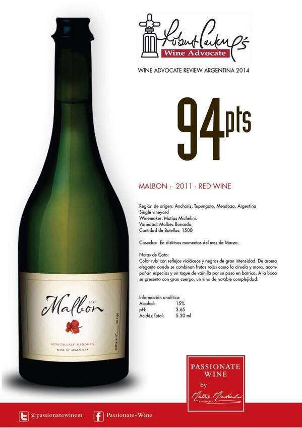 Orgullosos de Malbon 2011 · 94 pts en Wine Advocate Review · #RobertParker cc <a href="/micheliniwine/">Matias Michelini</a> #PassionateWine