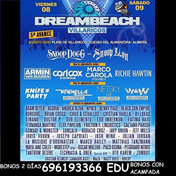 eduardensen's tweet photo. @DreambeachFest Villaricos 8-9 Agosto @richiehawtin @Paco_Osuna @DjFerMartins bono 2días 61.5€ hast 28 Mayo 696193366 http://t.co/e1ETvtVMvv