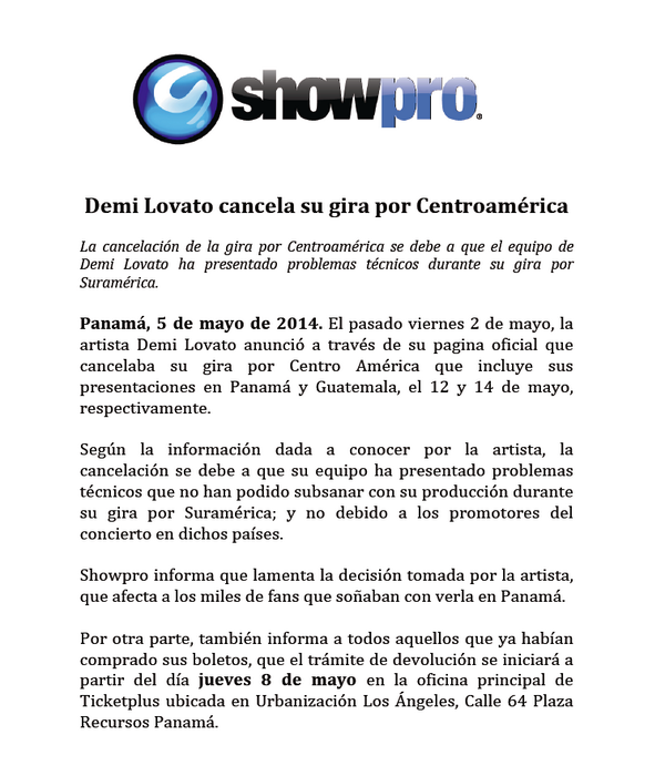 showpropanama's tweet photo. COMUNICADO OFICIAL SOBRE CANCELACIÓN DEL CONCIERTO DE DEMI LOVATO EN PANAMÁ. #NeonLightsPTY http://t.co/QigFYMDdSD