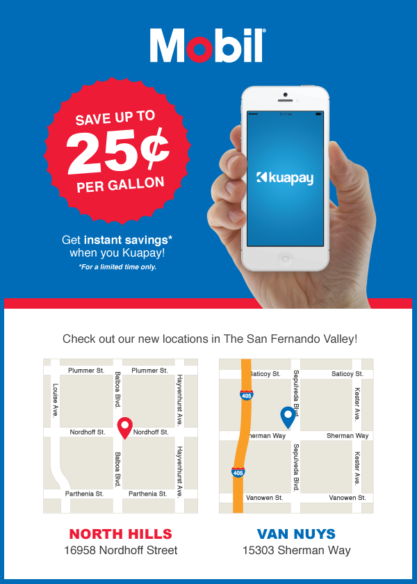 kuapay_mobile's tweet photo. Check out our new locations in The San Fernando Valley! Save up to 25¢ per gallon when you Kuapay. http://t.co/vOheRxtfVW
