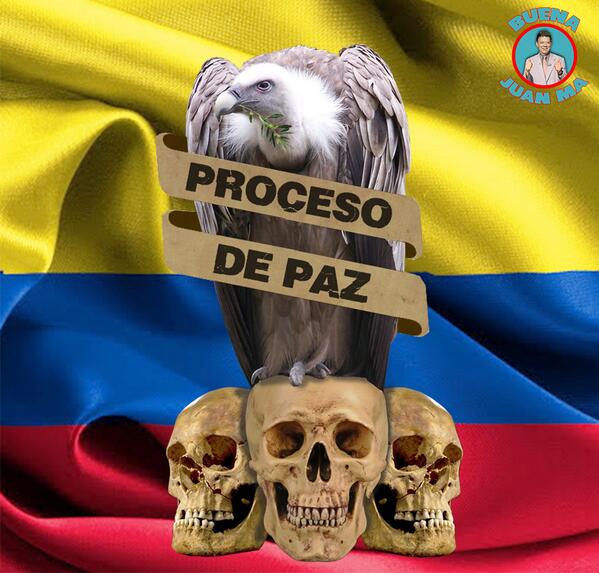 pazsinproceso's tweet photo. Esta es la nueva imagen que representará al proceso de paz entre @JuanManSantos y las FARC. 
Mentiras e impunidad. http://t.co/PgNg3jcSQC
