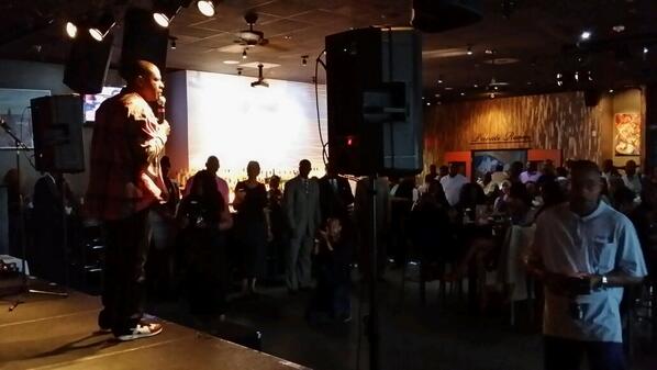 M3Monday's tweet photo. Prepping the crowd for the M3 toast. Eddie Bryant! http://t.co/9l2SG2B0n3