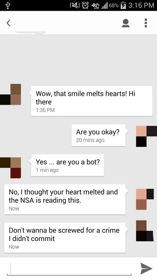 TinderTroller's tweet photo. Dear #NSA, I promise it wasn't me #notguilty #tinder #troll #pickuplines http://t.co/C8IOZfqr2s