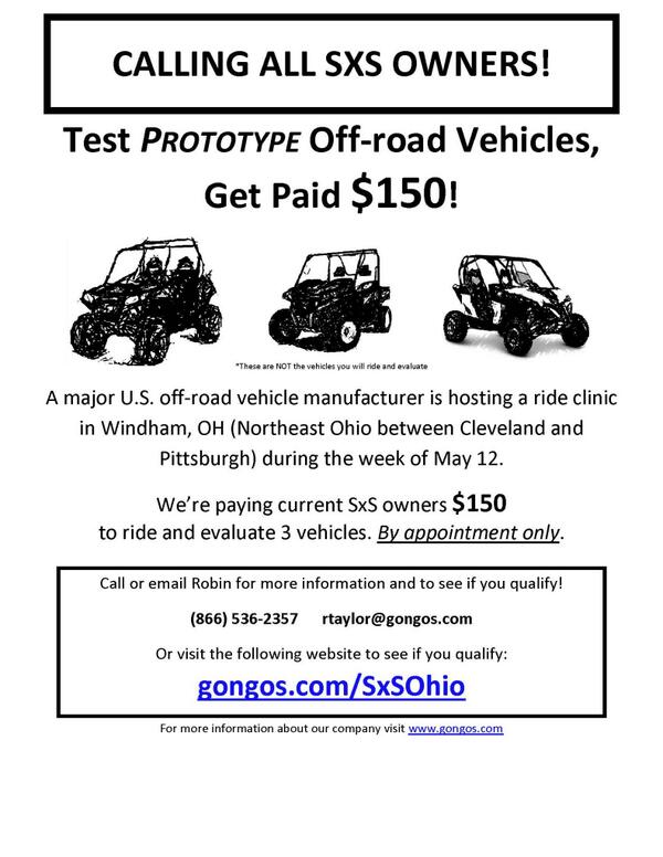 Want to test some new OffRoad Prototypes? Go to gongos.com/SxSOhio to see if you qualify! #offroad #atv #utv