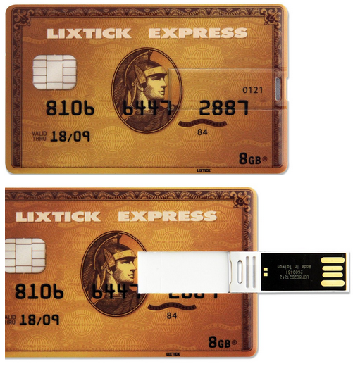 LIXTICK USB CARD MEMORY 

［Creditcard］

カード型USBメモリー 8GB

わずか1.9mmのカード型

重さ10gと軽量で

財布やカードケースに携帯できるらしい。