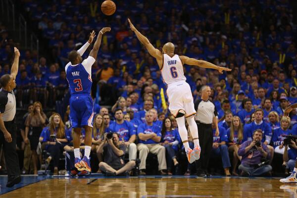 SportsCenter's tweet photo. This image might give Thunder fans nightmares tonight. Chris Paul has hit 8 of these midway through the 3rd quarter. http://t.co/sbYeU7wFkT