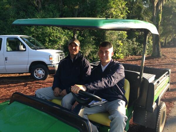 TPCSawgrassAGR's tweet photo. Spencer Cox and Colton Jones, the two guys responsible for front 9 grns moisture. Dial em in boys #THEPLAYERS http://t.co/v7DM5f6Qxe