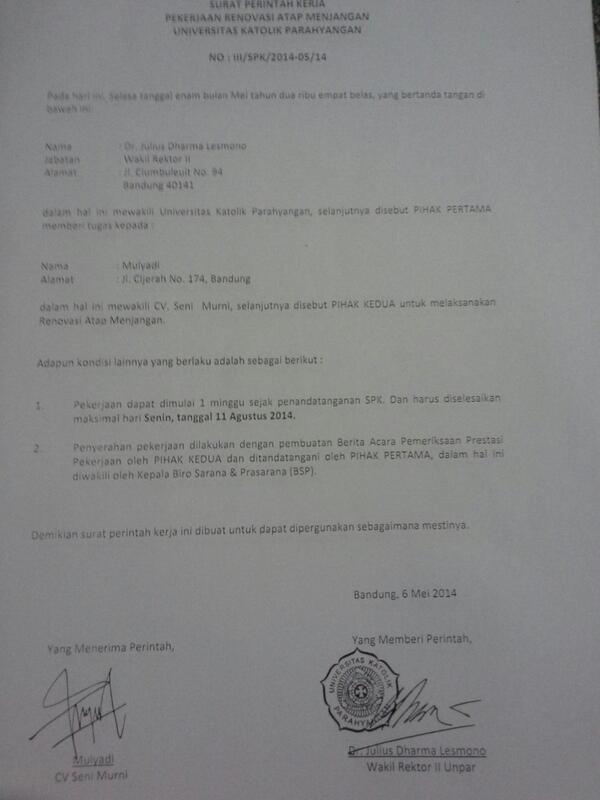 Surat perintah kerja (SPK) pekerjaan renovasi atap aula ukm