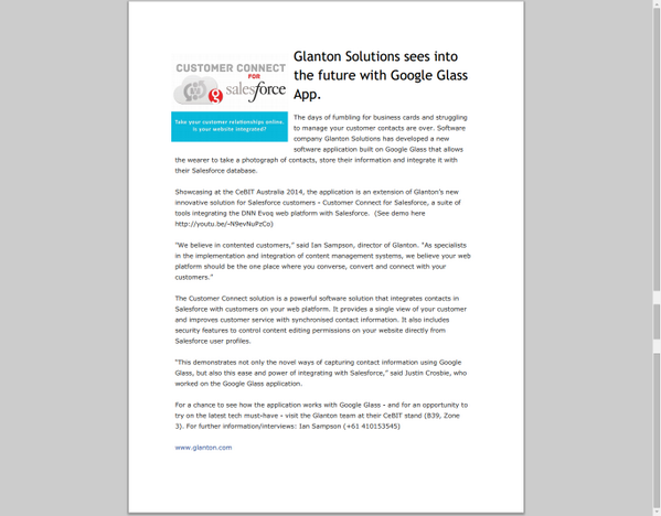 glantonsolution's tweet photo. #Salesforce Connect for #DNN using #GoogleGlass. Read about our new integration with Salesforce. http://t.co/oNyUbz2c1A