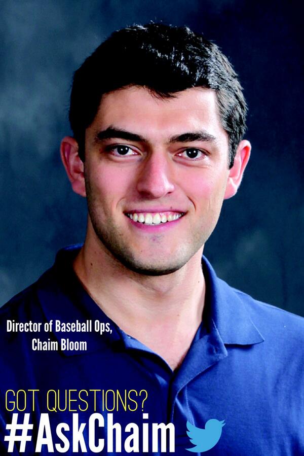 RaysBaseball's tweet photo. Got front office questions? Director of Baseball Ops Chaim Bloom joins #Rays Twitter Tuesday Q&A at 2:15. #AskChaim http://t.co/uV7ksTz3v6