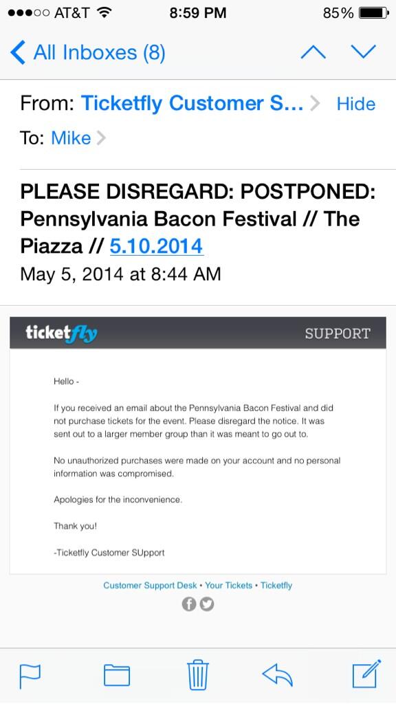 MikePMagee's tweet photo. NO! Not the Pennsylvania Bacon Festival, thanks for the relevant update @ticketfly #bacon http://t.co/p7qN13okZf