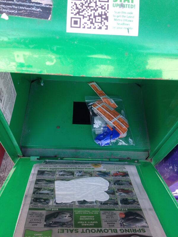 DerekPawsey's tweet photo. Stop to grab a @metroottawa and find a crackhead loot bag. Stay classy @salvationarmy http://t.co/EAYHgdKvHw