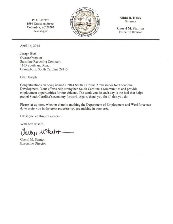 RecycleSunshine's tweet photo. Joseph Rich received letter from SC-DEW Exec.Dir,Cheryl M Stanton for being named a 2014 SC Ambassador for Eco Dev http://t.co/LPlSM3l8CX