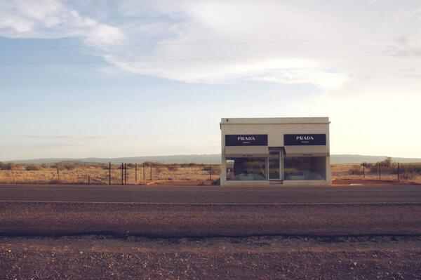 SaraEngeborg's tweet photo. Prada Marfa. A permanently installed sculpture in Texas by artists Elmgreen and Dragset. #pradamarfa #texas http://t.co/DTFTj0T8hv