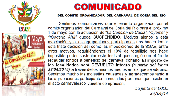 carnavaldecoria's tweet photo. SUSPENDIDO FESTIVAL CARNAVALESCO EN CORIA @comparsatino @COGERLOAHI @Comparsa_FalyP http://t.co/ULjG3RtR8m